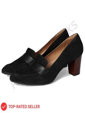 Women's Chunky Kitten Heel Slip On Suede Penny Loafers Almond Toe Block Mid